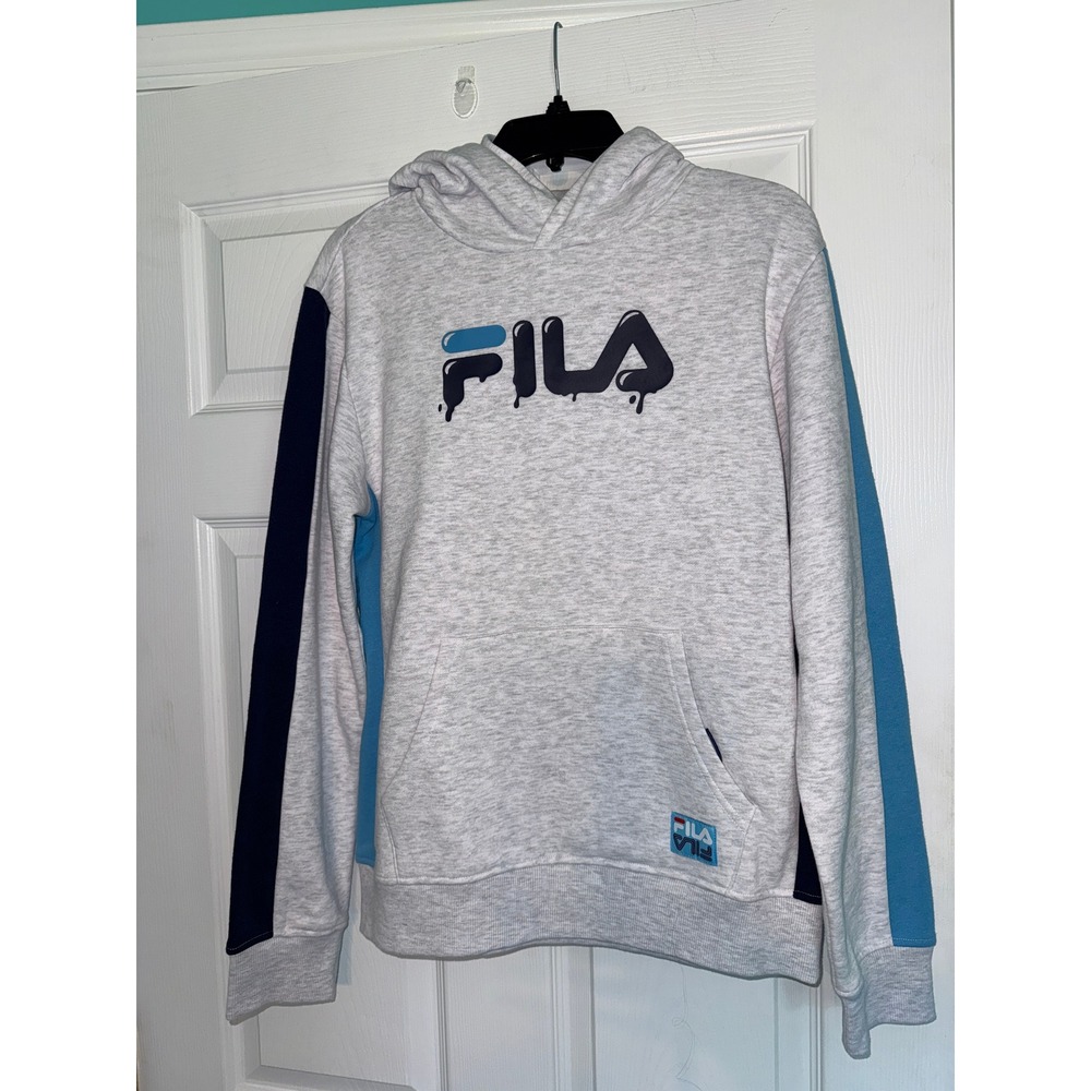 Fila Boys Hoodie Grey Blue Navy Colorblock Dripping Logo Pullover Sweatshirt L